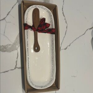 Mud Pie White Ceramic Tray with Wooden Spreader